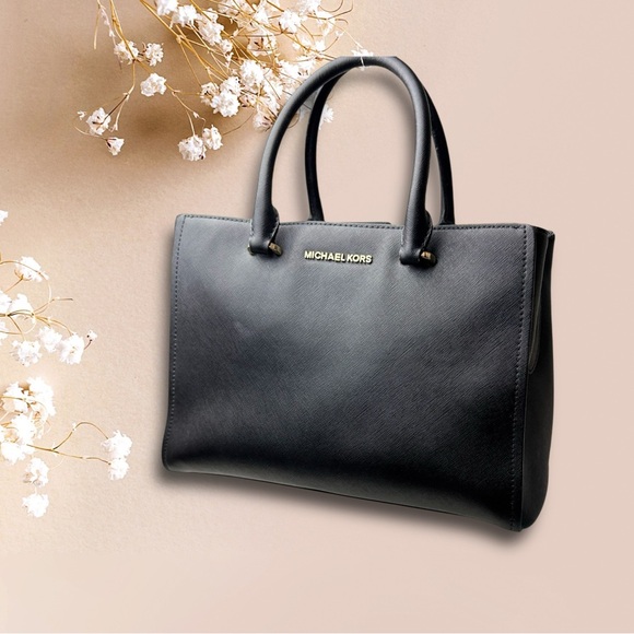 🧡🖤Michael Kors Black Leather Tote Bag🖤🧡 - Picture 1 of 15